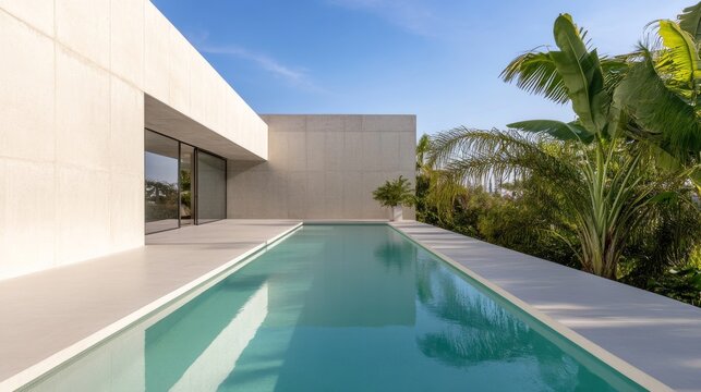Sleek modern architecture and a tranquil aqua pool define this minimalist outdoor oasis, harmoniously contrasting with lush tropical foliage under a bright blue sky. Modern, Luxury