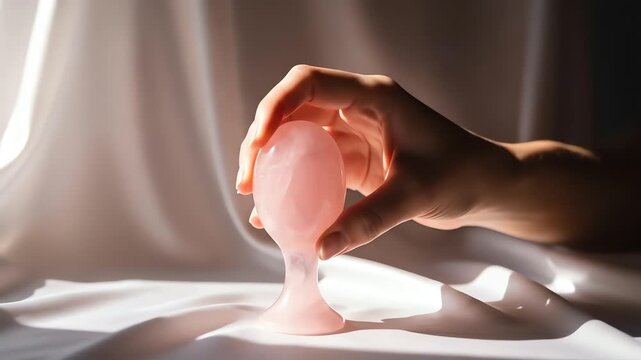 A hand gently holds a smooth, pink crystal yoni egg or massage tool on a soft, draped fabric background with natural light.