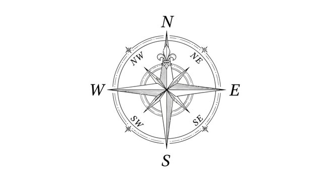 Vintage style compass rose illustration with cardinal and intercardinal points for navigation, travel, and adventure concepts