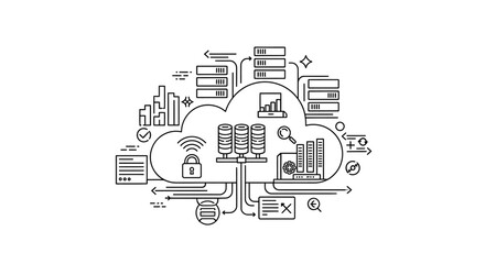 Naklejka premium Cloud Computing Infrastructure Line Art Illustration with Data Storage, Network Security, and Analytics Concept