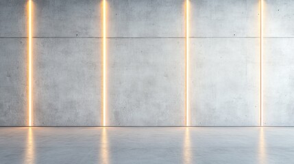 Textured concrete wall and reflective floor illuminated by warm orange vertical neon light strips, a contemporary industrial empty room backdrop. ,architecture ,minimal