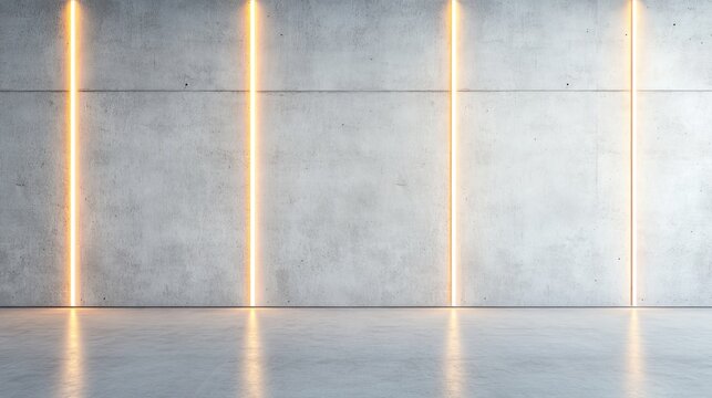 Textured concrete wall and reflective floor illuminated by warm orange vertical neon light strips, a contemporary industrial empty room backdrop. ,architecture ,minimal