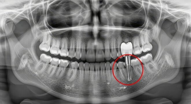 Dental x-ray image of a human jaw with a dental implant in place showing the screws and abutment cle