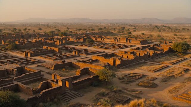 Wide establishing shot of the ancient ruins of Mohenjo-Daro in Pakistan. Sprawling archaeological site of the Indus Valley Civilization featuring sun-dried brick structures in 4K resolution.
