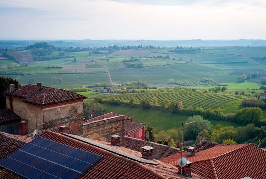 Spring panorama of the hills surrounding the village of Vignale Monferrato, in the Monferrato wine region (Piedmont, northern Italy), early springtime.