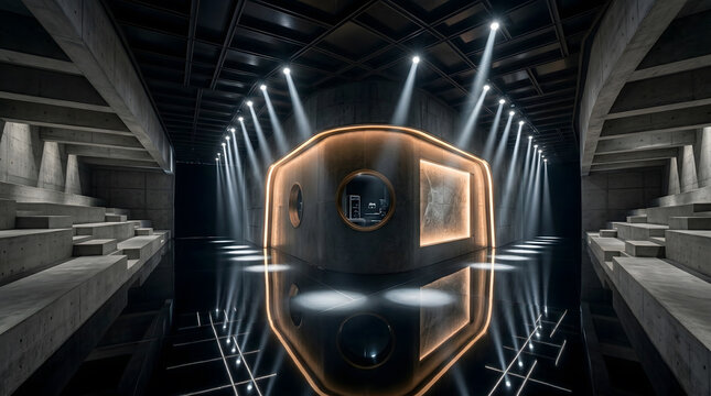 Modern architectural showroom with concrete stairs and dramatic spotlighting