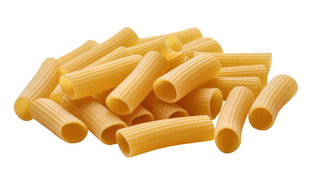 Isolated pile of dry uncooked rigatoni pasta tubes ready for cooking delicious Italian food