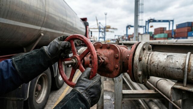 Industrial Operation of Valve on Fuel Transfer System with Tanker Truck in Background
