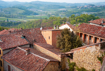 Panorama of the houses and its red tile rooftops of the village of Vignale Monferrato, in the winery region of Monferrato (Piedmont, Northern Italy), UNESCO site. © stefanopez