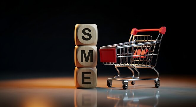 SME concept with wooden blocks and miniature shopping cart.