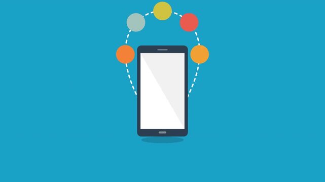 Mobile network nodes connecting to a smartphone with data transfer visualized by orbiting colored dots and dashed lines