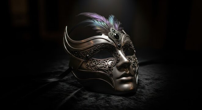 Elegant venetian masquerade mask with feathers isolated on black background