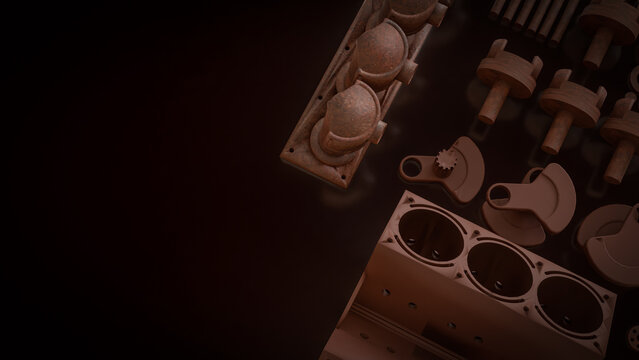 Engine Cylinder Block And Pistons Mechanical Parts 3d render.
