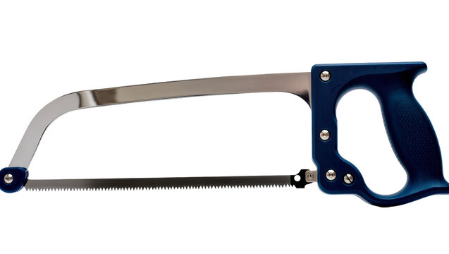 Isolated contemporary hacksaw with ergonomic blue grip, strong metal frame, sharp blade