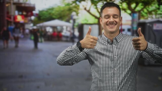 Hispanic man with moustache wearing a checkered shirt, smiling and giving two thumbs up on a busy street lined with outdoor cafes and trees; cheerful.