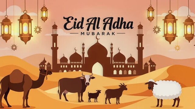 Eid Al Adha Mubarak Greeting with Mosque Desert and Sacrifice Animals
