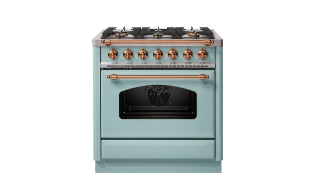 Isolated light blue range cooker with gas stove top and copper accents, elegant kitchen appliance