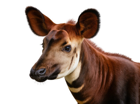 Isolated Okapi headshot, an elusive forest giraffe with distinctive stripes and large ears.