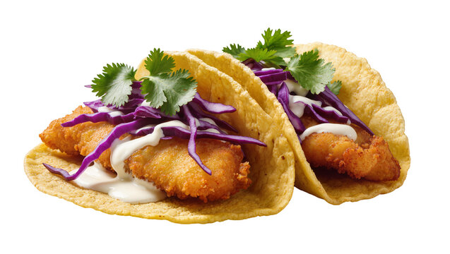 Isolated delicious crispy fried fish tacos with fresh purple cabbage and creamy sauce