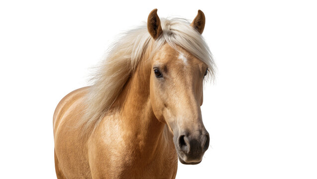 Isolated majestic palomino horse with golden coat and flowing blonde mane looking at camera