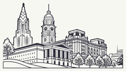 Obraz premium Philadelphia Cityscape Vector Illustration with City Hall Sketch