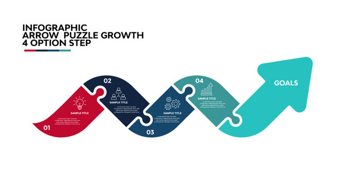 Growth puzzle arrow infographic with 4 optional steps for business visual template presentations, reports, web, banners, slides, posters, processes. Vector editable