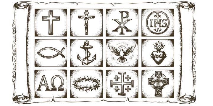 Vintage Engraving Christian Symbols Sheet-Cross Crucifix Chi-Rho IHS Ichthys Sacred Heart Dove Anchor Jerusalem Celtic-Victorian Religious Art