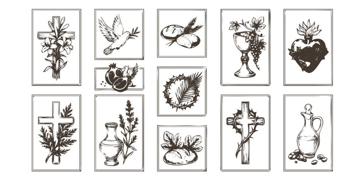 Botanical Christian Symbols Sheet-Lily Cross Olive Dove Wheat Vine Sacred Heart Rose Palm Cedar Pomegranate Hyssop Myrrh-Religious Fine Art