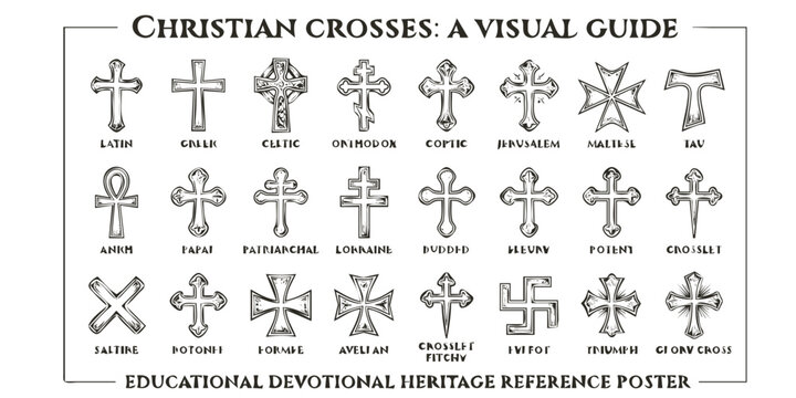 World Christian Cross Heritage Poster-24 Named Crosses Latin Greek Celtic Coptic Jerusalem Maltese Tau Fleury Potent Botonee-Educational Art