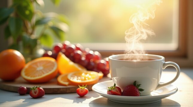 Escena de desayuno con una vibrante variedad de fruta fresca que incluye naranjas en rodajas, uvas y fresas