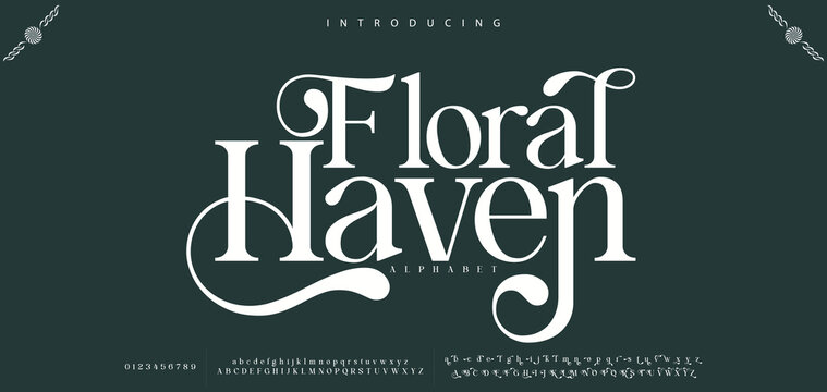 Floral Haven Elegant font alphabet uppercase lowercase and number. Classic lettering minimal fashion designs. Typography modern serif fonts regular decorative vintage concept. Vector illustration