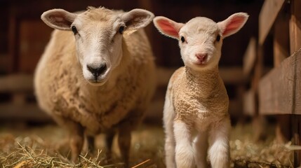 Naklejka premium Baby lamb standing beside ewe in a barn filled with straw