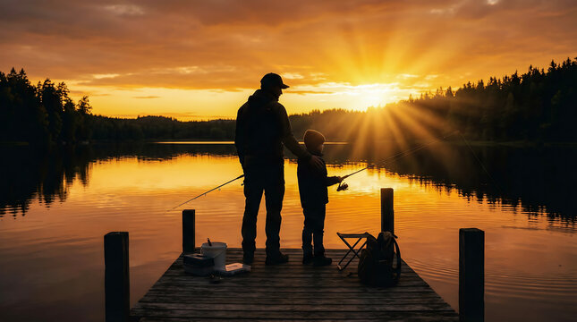 Father and child silhouetted on a tranquil lake pier, fishing together as the golden sun sets, creating a serene and memorable family moment amidst nature's beauty