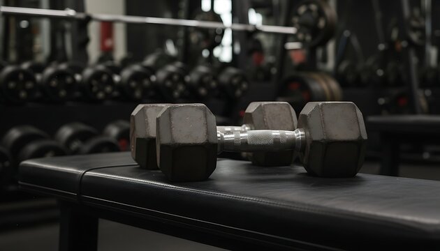 Heavy Dumbbell on Black Gym Bench in Weight Room