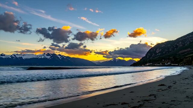 A coastal landscape showcases snowy mountains, a sandy beach, and a sky ablaze with color