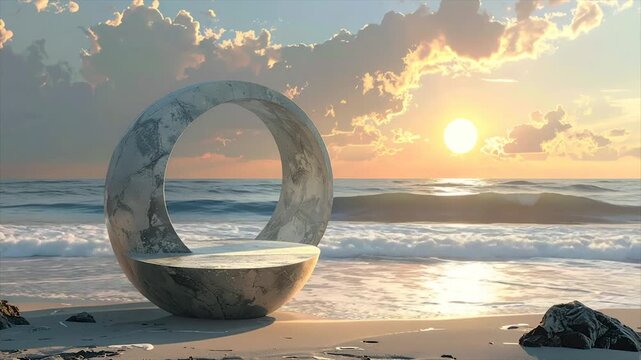 An abstract, stone-like sculpture on a beach is lit by a setting sun