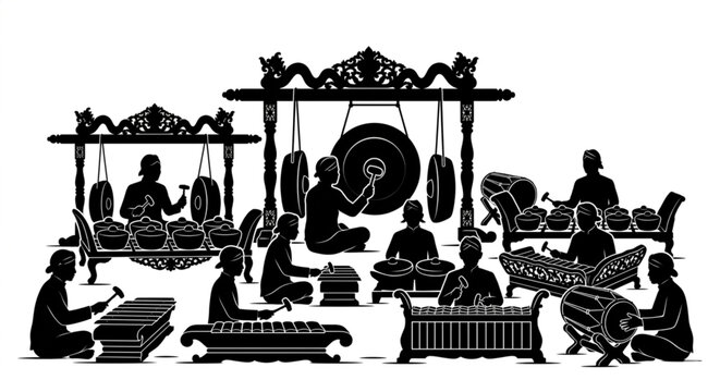 Indonesian Gamelan Traditional Orchestra Silhouette Illustration