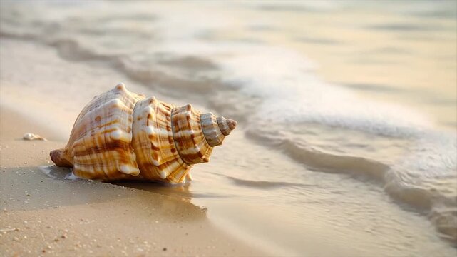A spiral seashell on a sandy beach being lapped by gentle waves. Soft light bathes the scene