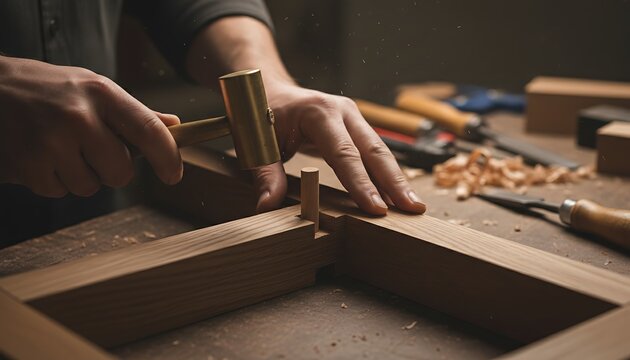 Close-up of woodworker hands assembling mortise and tenon joint with brass mallet