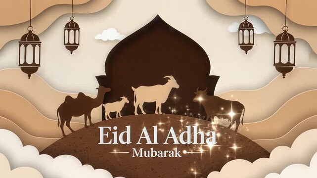 Eid Al Adha Mubarak Greeting with Sacrificial Animal Paper Cut Art