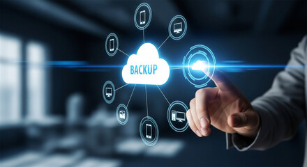 Fototapeta premium Cloud backup storage concept, businessman touching digital data recovery interface, secure online database synchronization and network security