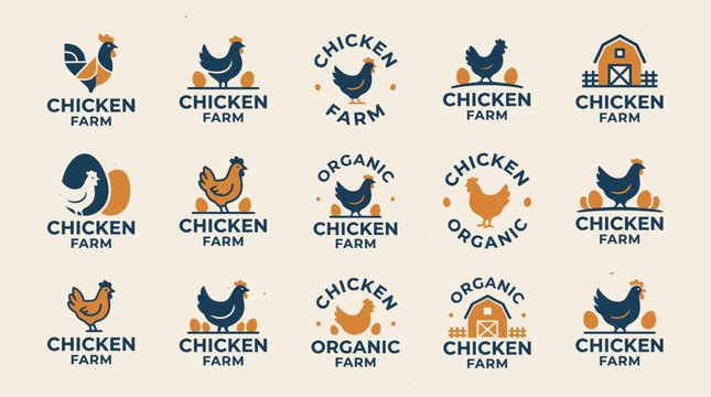 Extensive collection of modern and rustic vector logos for chicken farms, poultry businesses, and organic food brands, featuring hens, roosters, and eggs