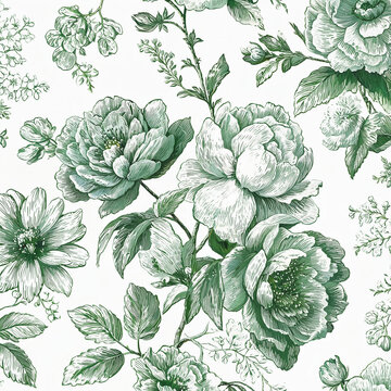 Vintage Green Peony Botanical Seamless Pattern Illustration