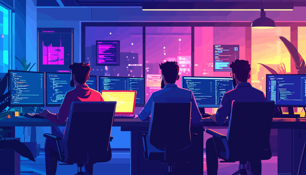 Three Programmers Coding in a Vibrant, Neon-lit Office Environment.