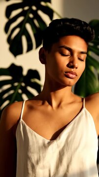 Portrait of a woman in white silk attire standing near a large biophilic monstera plant in soft light.