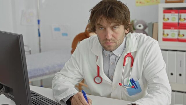 Man doctor writing with pen at computer desk with stethoscope on lab coat, pediatric toys behind him in clinic; caring reassurance.