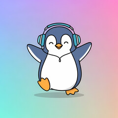 Fototapeta premium Cute cartoon penguin dancing with headphones illustration