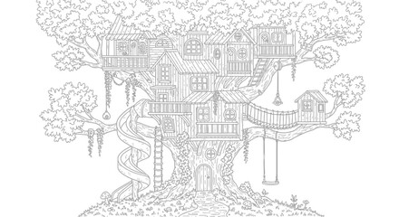 Obraz premium Detailed treehouse illustration charming adventure structure in a forest setting