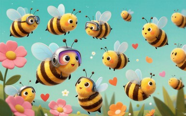 Fototapeta premium Happy bees in glasses fly among flowers and hearts.