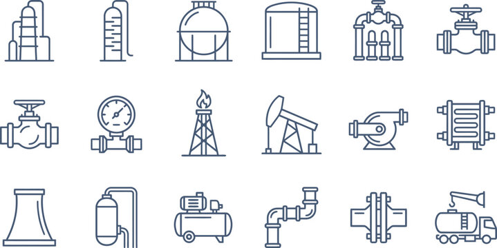 Set of oil and gas industrial icons featuring various refinery equipment and petroleum processing infrastructure symbols displayed